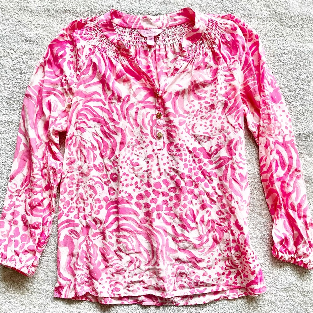 LILLY PULITZER 100% SILK ELSA SEMI SHEER TOP GET SPOTTED SIZE XXS PREPPY - Picture 2 of 10